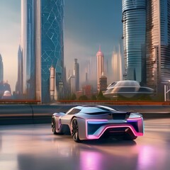 Futuristic city skyline with flying cars and holographic advertisements4