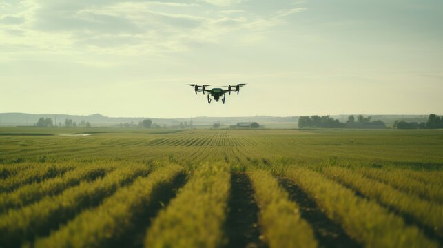 Drone with digital camera flying over agricultural field.