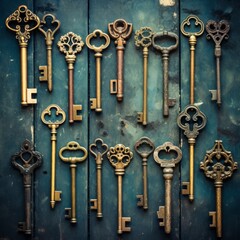 lots of vintage vintage keys on a dark blue background, top view.