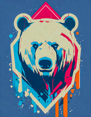 Logo art vintage délavé du visage d'un ours