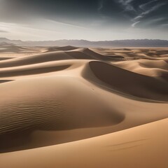 Fototapeta na wymiar Surreal desert landscape with towering sand dunes and a lone oasis2