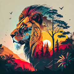 Silhouette de tete de lion sous le soleil couchant dans la jungle, double exposition