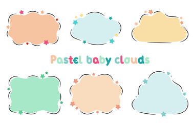 Pastel cute clouds with stars collection. Delicate colors banners for text. Copy space for quote.
