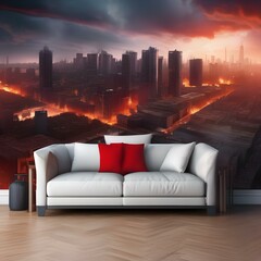 Apocalyptic cityscape with crumbling buildings and a fiery red sky5