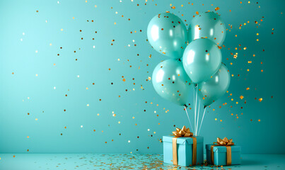 Blue gold foil balloons with gold flying confetti and presents on blue modern background. Happy birthday card with copy space.