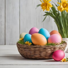 Fototapeta na wymiar Painted Eggs with Flowers. Easter Banner with copy-space, featuring a Basket of Eggs on White Wood floor.