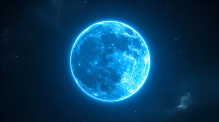 Naklejka na ściany i meble Blue super moon glowing with blue halo isolated on black background, generative ai