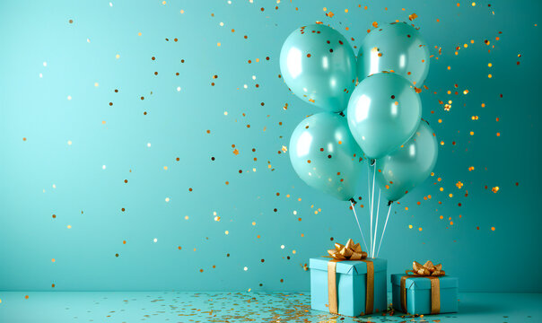 Blue gold foil balloons with gold flying confetti and presents on blue modern background. Happy birthday card with copy space.