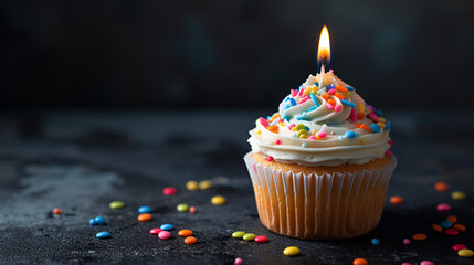 Birthday Cupcak  With One Candle copy space, generative ai - obrazy, fototapety, plakaty