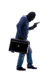 Young male burglar holding bag isolated on white
