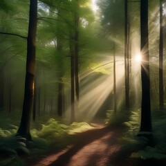 Naklejka premium Mystical forest at dawn, with rays of sunlight piercing through dense foliage1