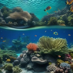 Vibrant blue and green, underwater scene with floating bubbles and coral reef5