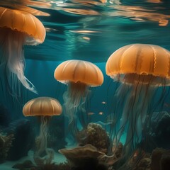 Surreal underwater world with floating jellyfish and bioluminescent creatures3