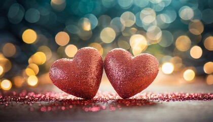 Two pink glitter hearts with bokeh background. Winter love holiday. Valentine's Day