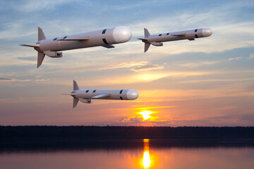 Tomahawk cruise missiles against the sunset. 3d-rendering