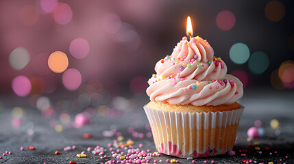 Birthday Cupcak  With One Candle copy space, generative ai - obrazy, fototapety, plakaty