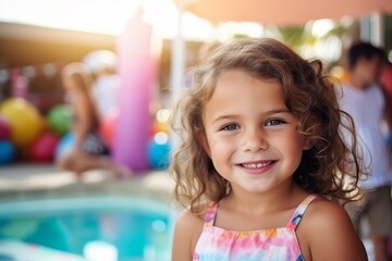 Fototapeta na wymiar Portrait of cute little girl smiling at camera in the swimming pool