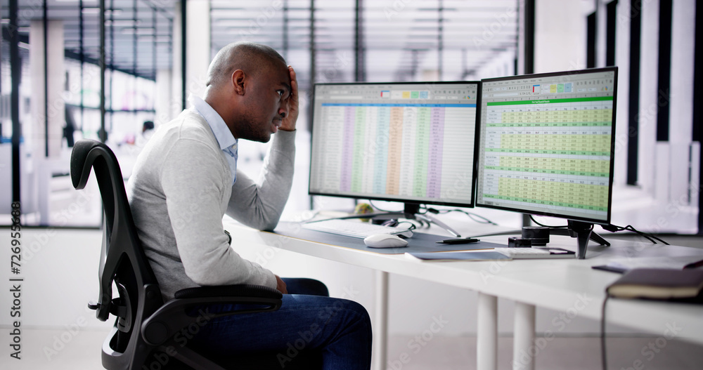 Poster data analyst african man using spreadsheet