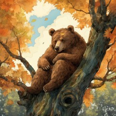 Brown Bear Sitting on Top of a Tree - obrazy, fototapety, plakaty
