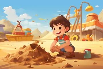 Boy Playing in the Sand in a Cartoon