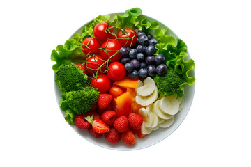 Fresh mixed fruits and vegetables salad on a round plate. Studio shot isolated on white background. Healthy eating and diet concept with copy space for design, menu, and recipe