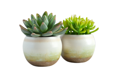 Front view, realistic photography about a collection of beautiful succulent type plants in ceramic pots, isolated on white background...