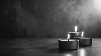 Minimalist Sympathy Condolences Grief card. Three burning candles on a muted light grey background. Copy space.