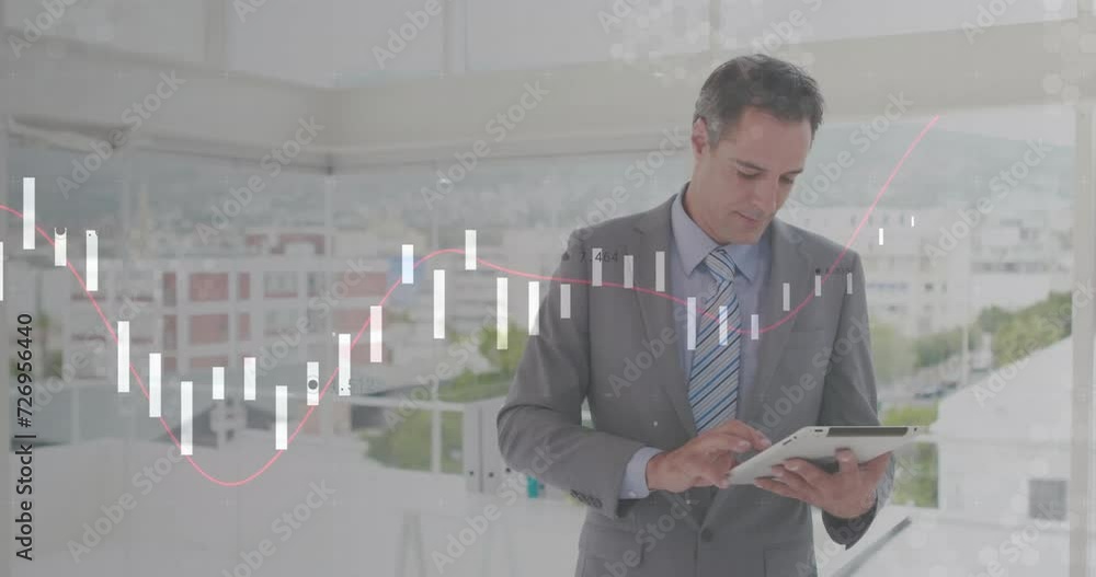 Poster animation of financial data processing over caucasian businessman using tablet