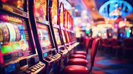 Foto op Plexiglas Slot machine screen with virtual visual effect. Blurred casino on background © brillianata