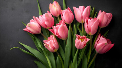 Bouquet of pink tulips on black background, Copy Space, spring flowers pink tulips isolated on black background, Generative Ai 