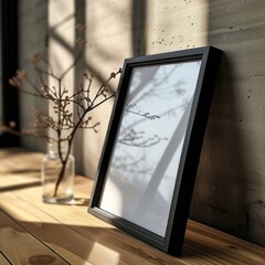 modern dark picture frame leaning against a grey wall - picture mockup