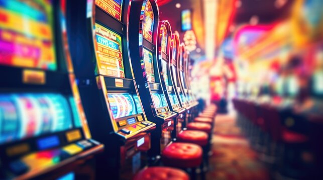 Slot machine screen with virtual visual effect. Blurred casino on background