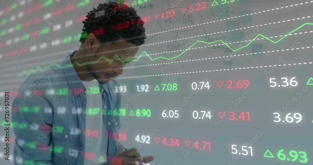 Poster animation of financial data processing over african american businessman using tablet