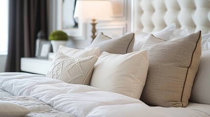 Revamp the design of a contemporary bedroom with a country interior aesthetic, featuring an arrangement of white and cream pillows on the bed