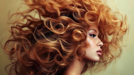 Fototapeta premium Young woman with long red hair in fashion editorial style. Hair blowing in the wind. Trendy hair style