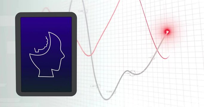 Animation of data processing over ai brain and data on tablet screen