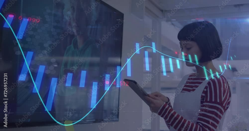 Poster animation of financial data processing over biracial woman using tablet