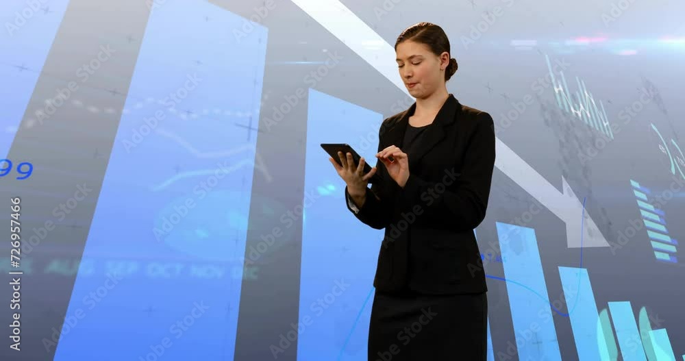 Aufkleber animation of financial data processing over caucasian businesswoman using tablet