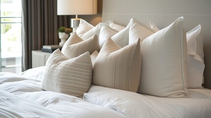 Revamp the design of a contemporary bedroom with a country interior aesthetic, featuring an arrangement of white and cream pillows on the bed