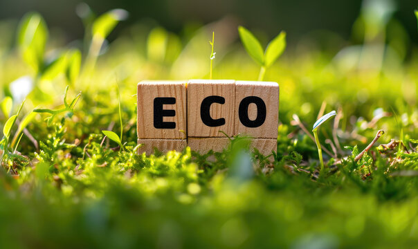 Words ECO on a woodblock on green sunny background. Saving environment, save clean planet
