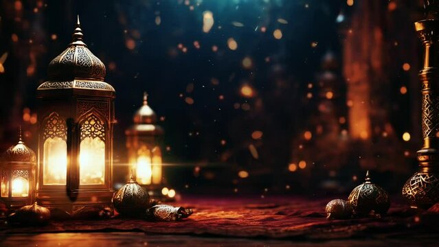 Ramadan candle lantern glows with rays on a rich Golden background. Shimmering Glittering Particles With Bokeh. 4K loop video animation