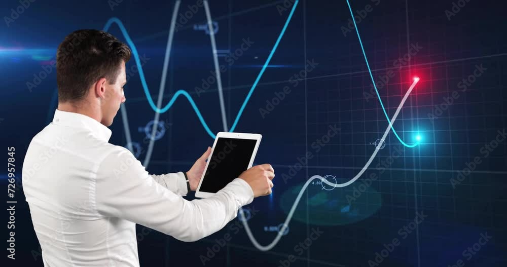 Poster animation of financial data processing over caucasian businessman using tablet