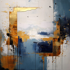 Blue color acrylic abstract art painting with brush stoke effects and golden yellow touch in white background  