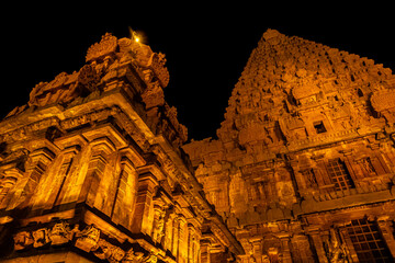 Night Time with Lightning - Tanjore Big Temple or Brihadeshwara Temple was built by King Raja Raja...