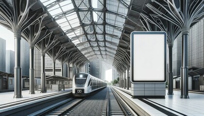Modern Electric Train Station with Blank Billboard in Urban Setting