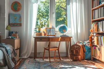 Back to school. Children's bedroom with a wooden desk, books, a globe, a backpack, glasses, and pencils.
