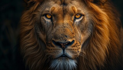 portrait of a male lion on a dark background