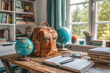 Back to school. Children's bedroom with a wooden desk, books, a globe, a backpack, glasses, and...