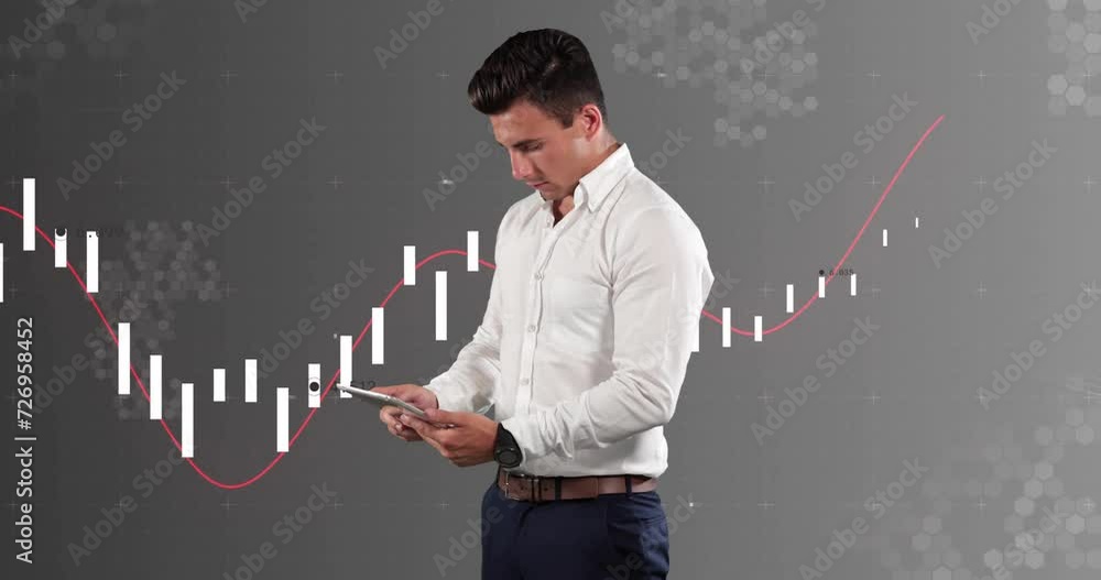 Poster animation of financial data processing over caucasian businessman using tablet