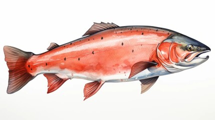 Watercolor red fish drawing on a white background. Underwater art - obrazy, fototapety, plakaty